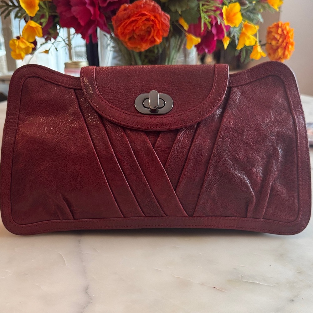 Treesje Burgundy Leather Turn-Lock Clutch
